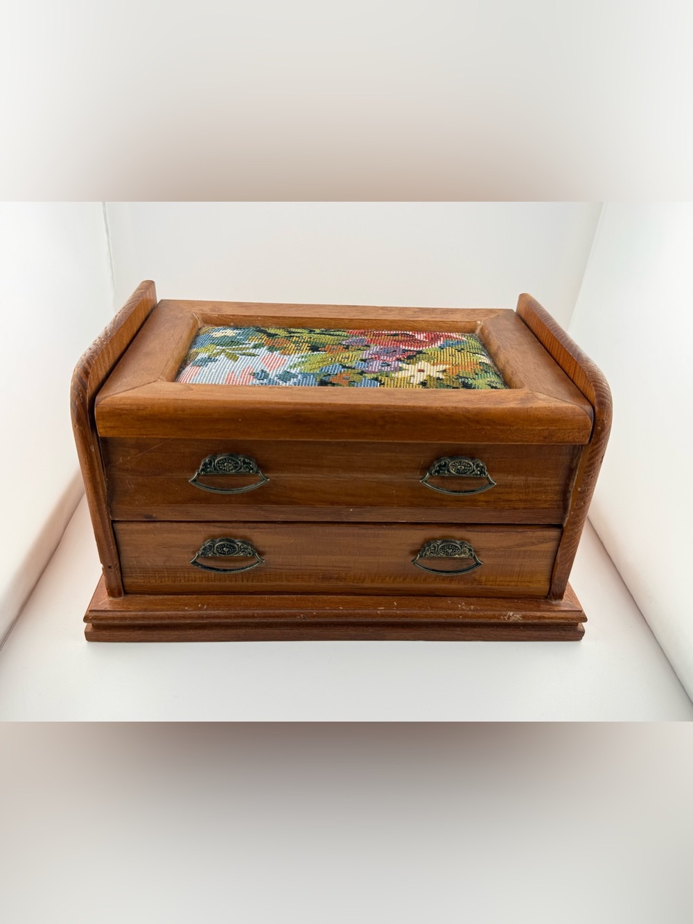 Wood Jewelry Box with Floral Needlepoint Inset - Brown
